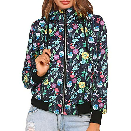 BEAUTEINE Women Floral Print Jackets Lightweight Hooded Zip Up Short Bomber Jacket Coat 